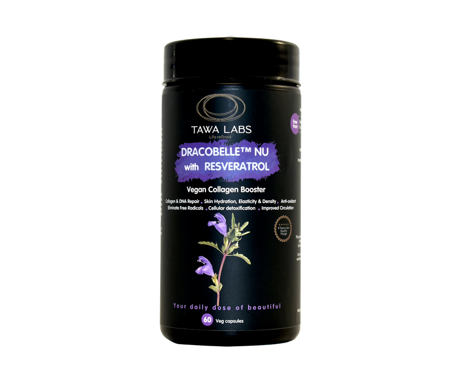 30 Day Supplement Dracobelle™Nu with Resveratrol is a first to market unique combination. As a powerful Collagen Boosting Vegan solution, it serves Vegan health interests and needs. It provides a therapeutic option for quality of life: beautiful skin & anti-aging.