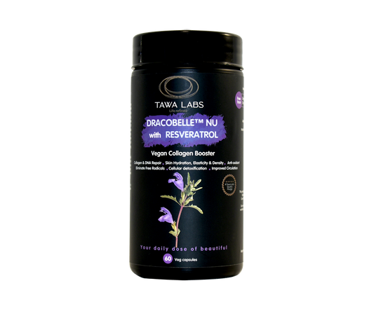 30 Day Supplement Dracobelle™Nu with Resveratrol is a first to market unique combination. As a powerful Collagen Boosting Vegan solution, it serves Vegan health interests and needs. It provides a therapeutic option for quality of life: beautiful skin & anti-aging.