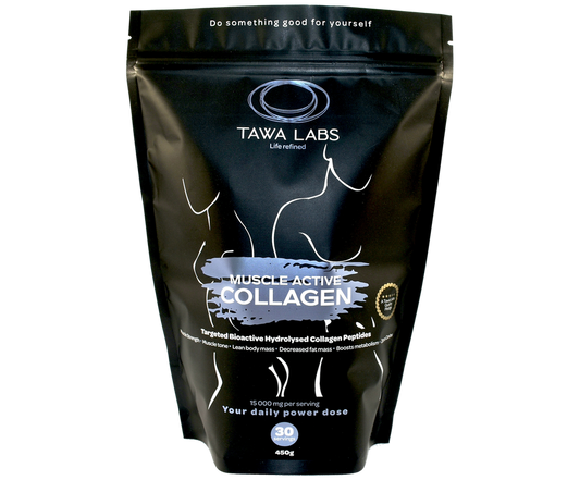 Muscle Targeting Pure Hydrolysed Collagen Peptides 30 Day Supplement Tawa Labs’ Muscle Active Collagen has been developed to assist in retaining an optimal body composition and to support an active lifestyle for men and women. These highly specialized Collagen peptides have been shown to decrease fat mass, improve body tone, increase lean body mass and to provide more muscle strength in combination with resistance training.